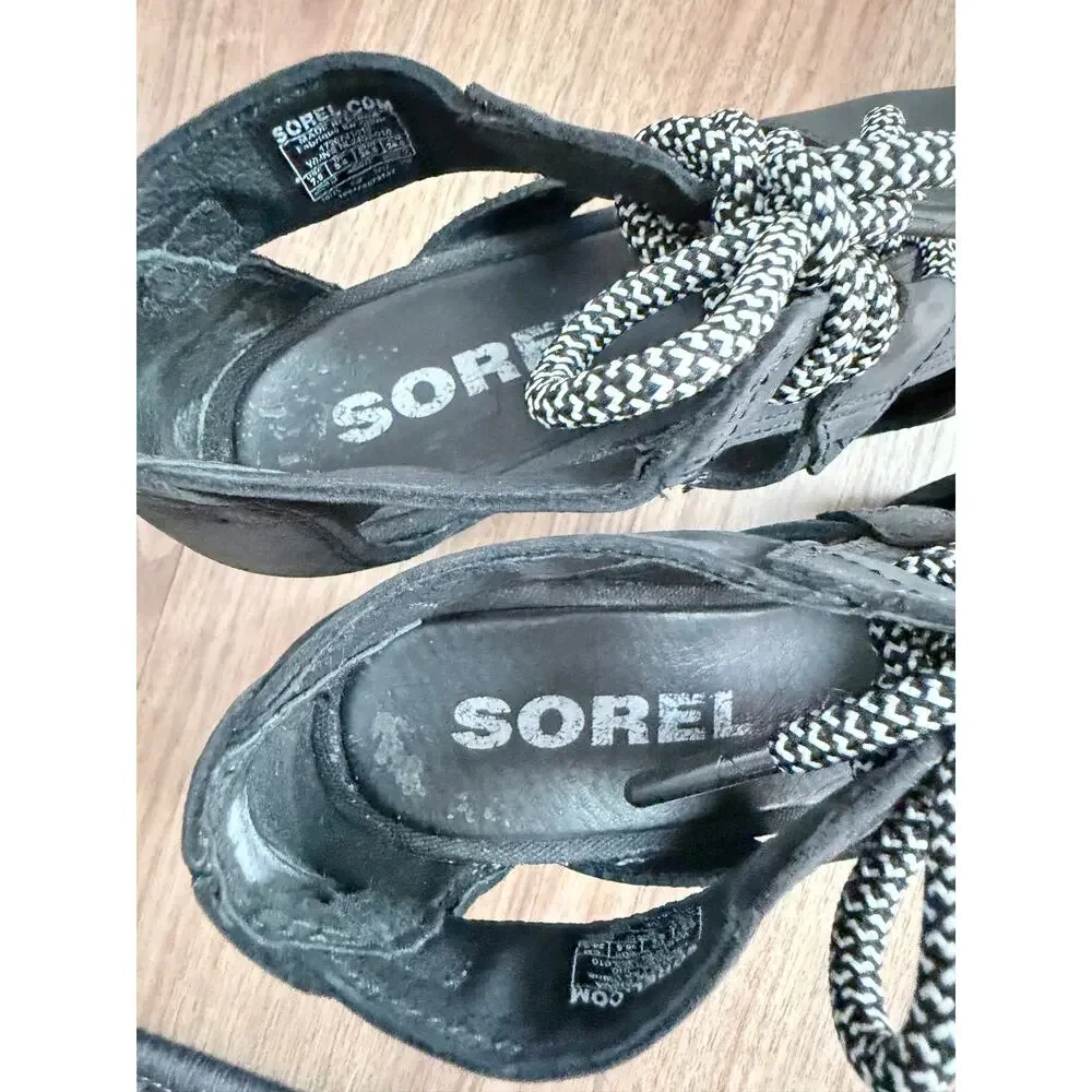 Sorel Joanie Sandal Lace Up Black Leather Wedge Cut Out Peep Toe-Size 7.5